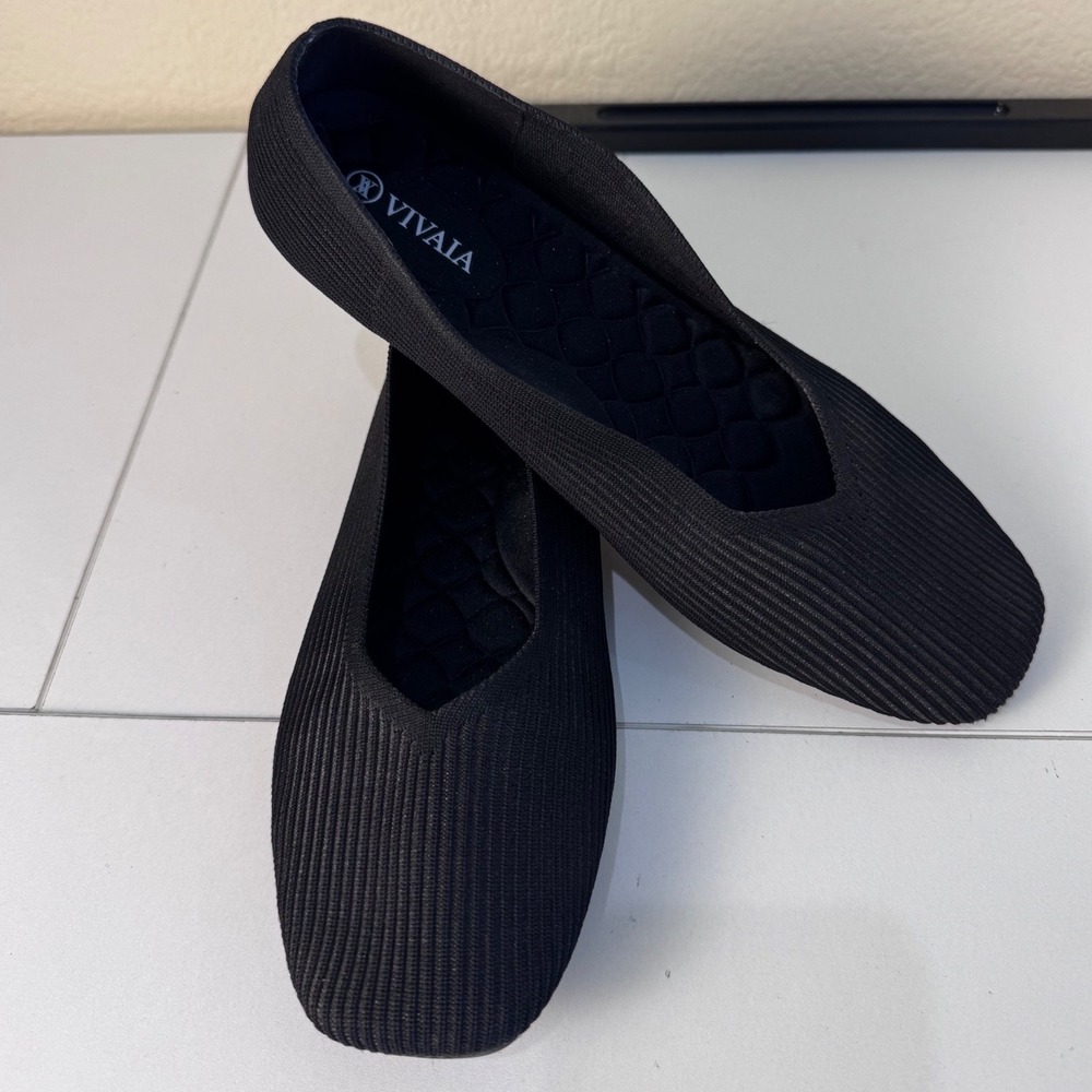 Vivaia Flat Shoes Women Size 9 40 Black Knit Square Toe Sustainable Washable